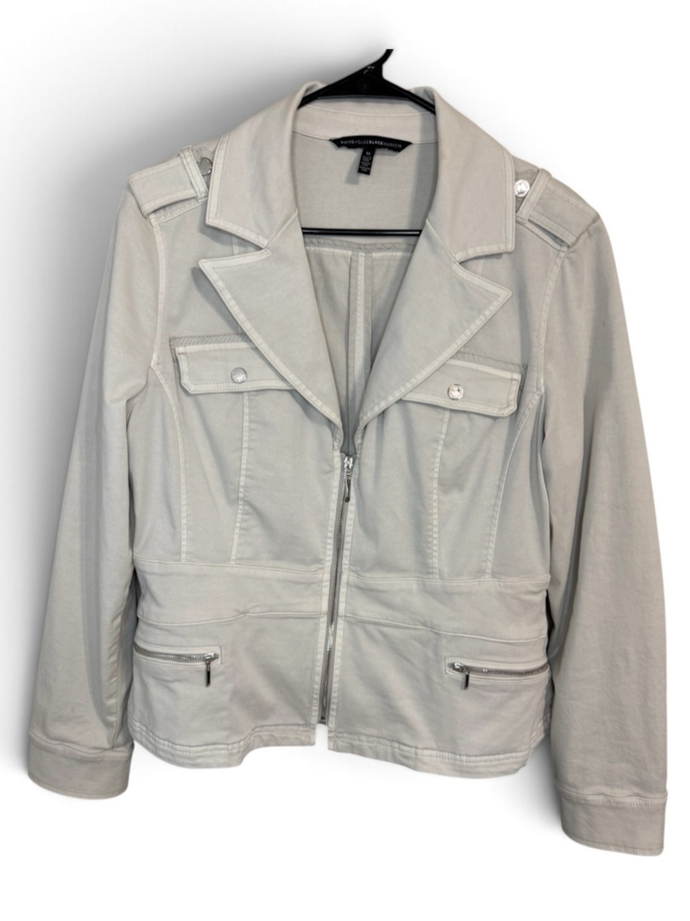 WHBM Cream/Beige Moto Jacket Peplum Back Zip Pockets Stretch Women's 14